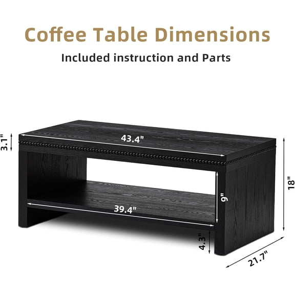 Farmhouse Wood Coffee Table with Storage Shelf - Boho Center Table for Living Room, Black