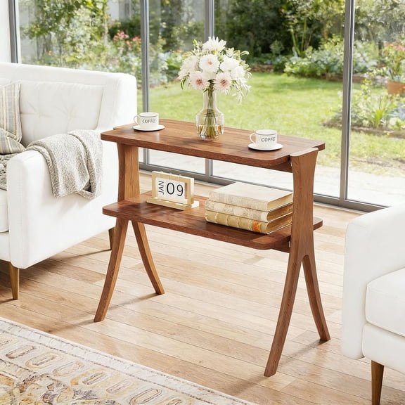 Farmhouse Wood End Table 2-Tier Storage Shelf Herringbone Legs Walnut Finish Side Table HOGA-HL0116