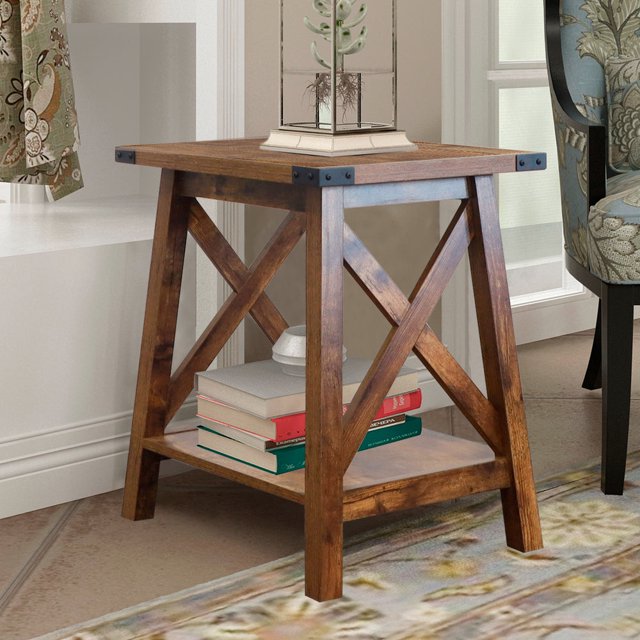 Farmhouse Wood End Table with 2Tier Storage, Rustic Wood