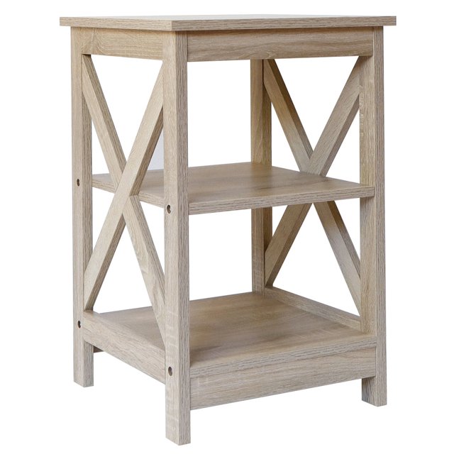 Farmhouse Wood End Table with 3Tier Storage, White Oak