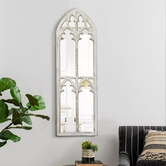 12 x 38 inch White Wood Window Mirror - Cathedral Hallway, Farmhouse Rustic Wall Decor for Living Room & Entryway