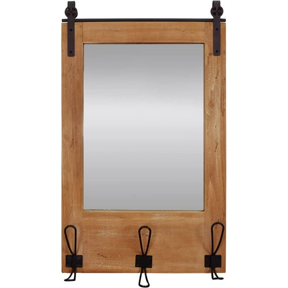 Farmhouse Wood Framed Wall Mirror for Entryway Bathroom Living Room Bedroom Wall Decor, Wall Mounted Hanging Entry Mirror with Hooks Rustic Decorative Mirror for Wall Home Decor