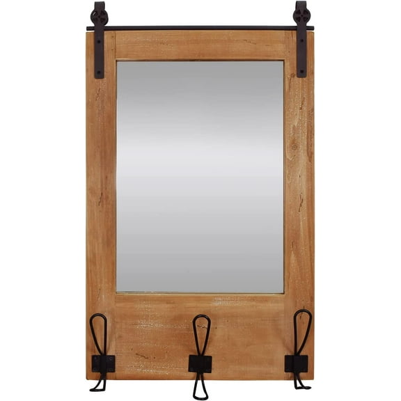 Farmhouse Wood Framed Wall Mirror for Entryway Bathroom Living Room Bedroom Wall Decor, Wall Mounted Hanging Entry Mirror with Hooks Rustic Decorative Mirror for Wall Home Decor