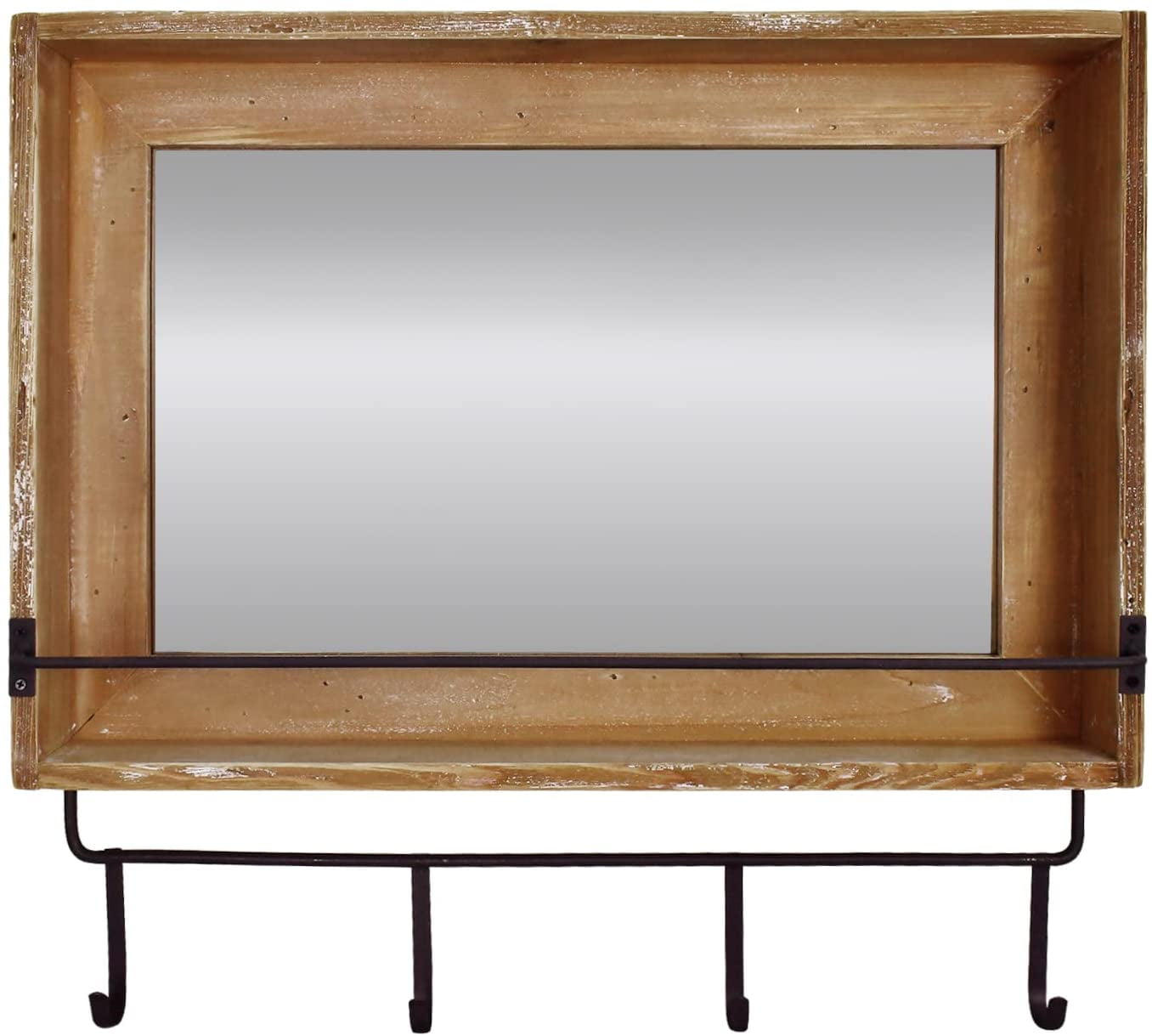 Farmhouse Wood Framed Wall Mirror for Entryway Bathroom Living Room Bedroom Wall Decor, Wall Mounted Hanging Entry Mirror with Hooks Shelf Rustic Decorative Mirror for Wall Home Decor