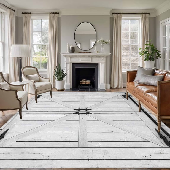 Farmhouse Wood Grain Area Rugs 5'x8', Washable Small Throw Rugs for Classroom Bedroom, Vintage Country Barn Gate Grey Indoor Outdoor Rug Non-Slip Low Pile Carpet Runner Reversible Floor Mats