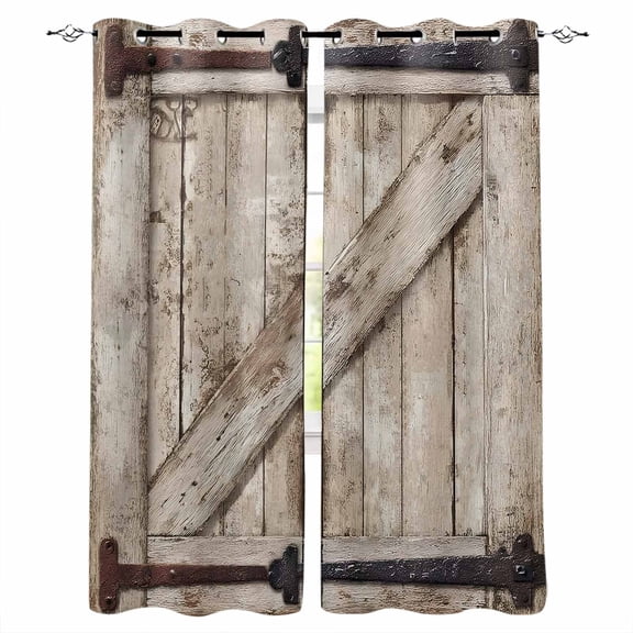 Farmhouse Wood Grain Blackout Curtains for Bedroom, Vintage Country Barn Gate Brown Thermal Insulated Kitchen Drapes with Grommets, Light Blocking Window Treatment, 2 Panels 27.5" x 39"