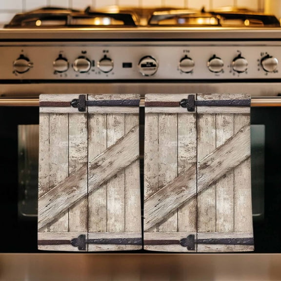 Farmhouse Wood Grain Kitchen Towels Set of 2, Vintage Country Barn Gate Brown Absorbent Dish Towels for Kitchen, Microfiber Hand Towel, Quick Drying Tea Towel for Cleaning Decorative Dishcloths