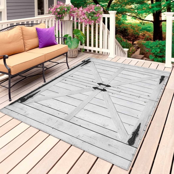 Farmhouse Wood Grain Outdoor Rug 4x6 Ft, Non Slip Washable Area Rug, Vintage Country Barn Gate Grey Patio Rugs Carpet Runner, Large Floor Mat for Indoor/Outdoor Deck Porch Camping
