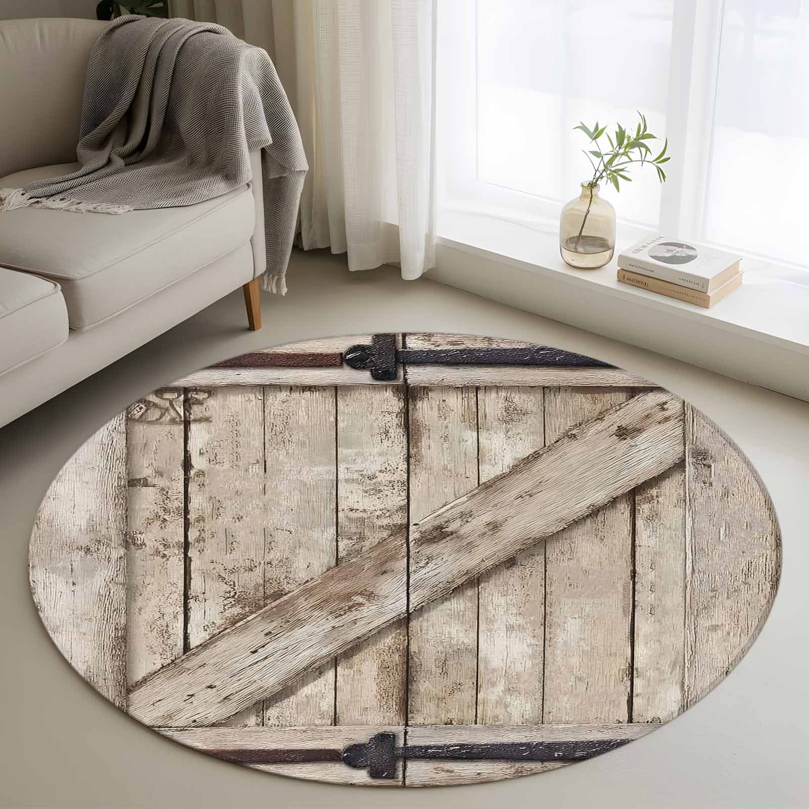Farmhouse Wood Grain Round Area Rug 4ft, Vintage Country Barn Gate ...