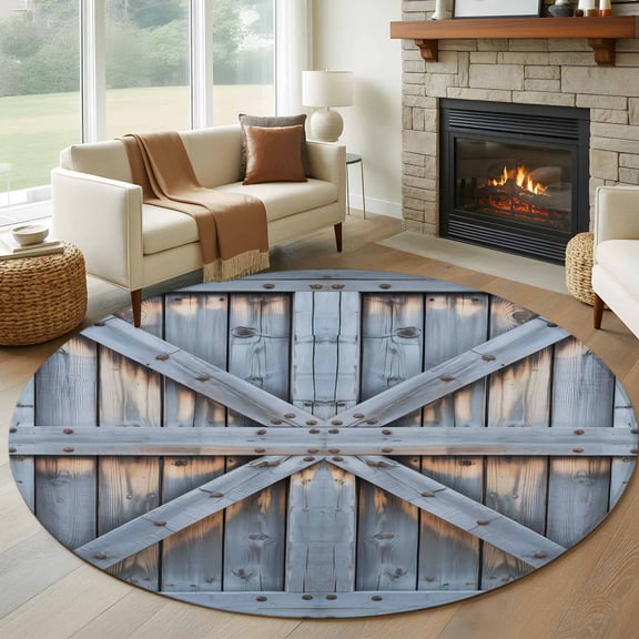 Farmhouse Wood Grain Round Area Rug 7Ft Washable Circle Rugs for Dorm Laundry Room, Vintage Country Barn Gate Textured Non-Slip Carpet Floor Mats Indoor Outdoor Carpet Runner Aesthetic Home Decor