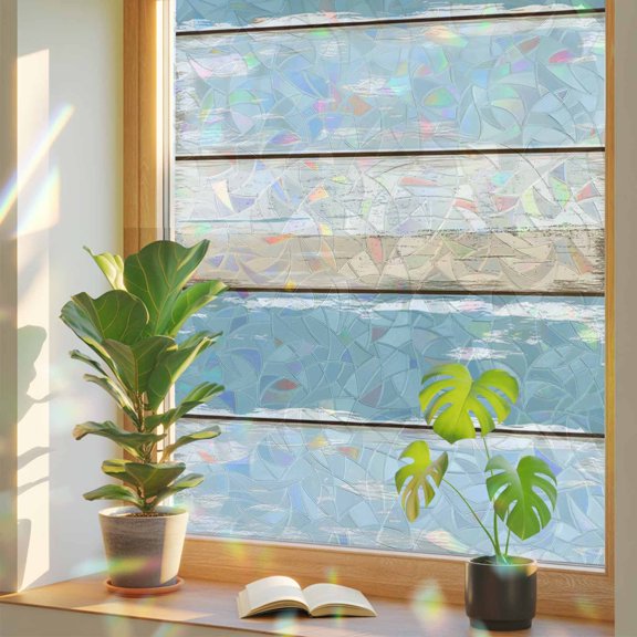 Farmhouse Wood Grain Seamless Window Privacy Film, Rainbow Film Decorative Window Sticker 17.7x39.3in, Old Blue Khaki Board Sun Blocking Static Stained Glass Cling Tint Non-Adhesive