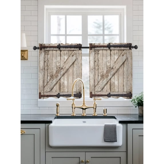 Farmhouse Wood Grain Sheer Kitchen Tier Curtains 24 Inch length,Rod Pocket Half Curtains Short Drapes,Vintage Country Barn Gate Brown Light Filtering Small Window Treatments 2 Pcs 27.5"W x 24"L