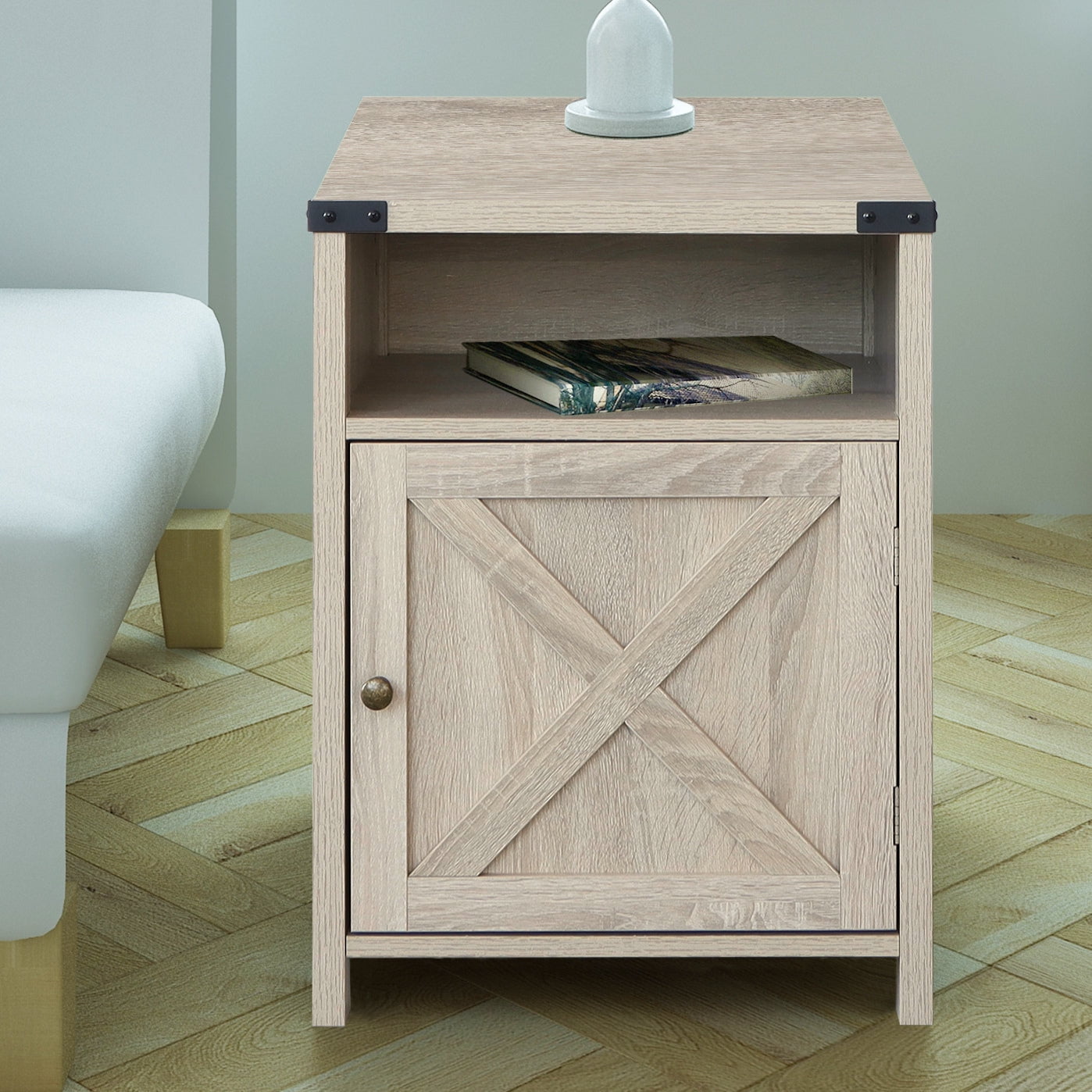 Farmhouse Wood Nightstand with Cabinet 18 inches White Oak