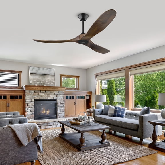 60 inch Ceiling Fan No Light, Outdoor Ceiling Fan for Patios with Remote, 3 Wood Blades, Indoor Outside Farmhouse Living Room Porch