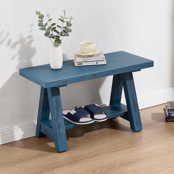 Farmhouse Wood , Rustic Indoor Storage Solid Wood Entryway with Shoe Storage 2-Tier Narrow Seat Indoor for Entryway, Living Room, Dining Room, Hallway, Blue