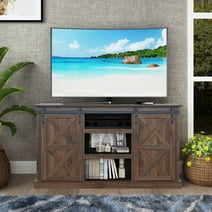 Farmhouse Wood TV Stand for 55+ inches TV, Storage Cabinet with Sliding Barn Doors and Adjustable Shelves, Dark Walnut