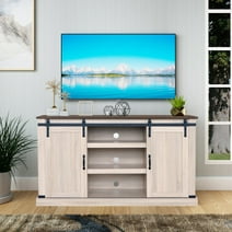 Farmhouse Wood TV Stand for 55+ inches TV, Storage Cabinet with Sliding Barn Doors and Adjustable Shelves, White Oak/Dark Walnut