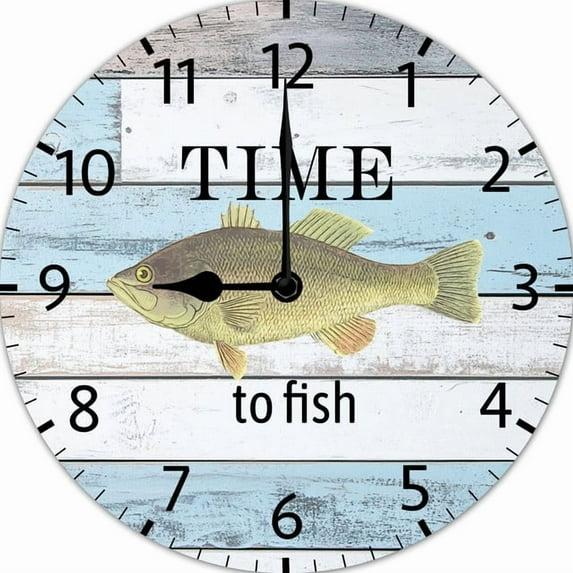 Farmhouse Wood Wall Clock Time to Fish Wall Clocks Battery Operated Funny Clock Decorative Wall Clock for Man Cave, Garage, Fishing Gifts for Dad, Gifts for Fishermen 10 Inches