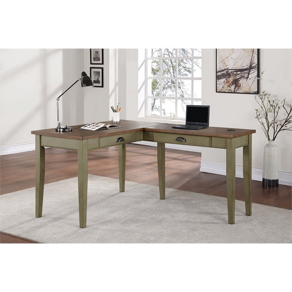 Farmhouse Wood Writing Desk and Return Open L-Shaped Green Wood