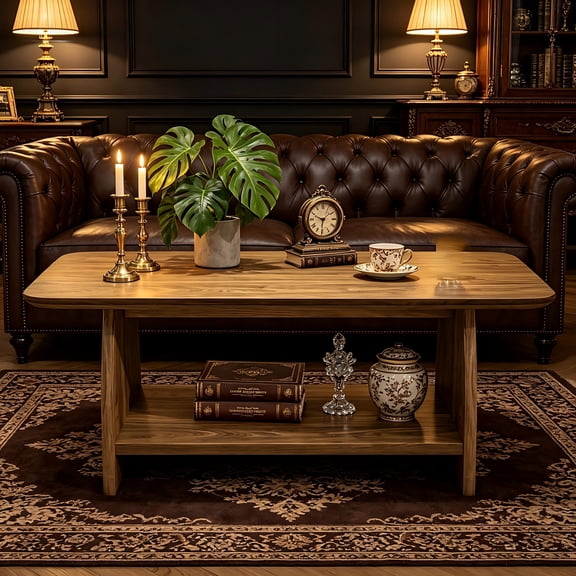 Farmhouse Wooded Rectangular Coffee Table,47 Inch Rustic Rectangle Living Room Table, Accent Center Low Cocktail Tea Table with Round Corner and Sturdy Pedestal Base with Storage Shelf, Easy Assembly