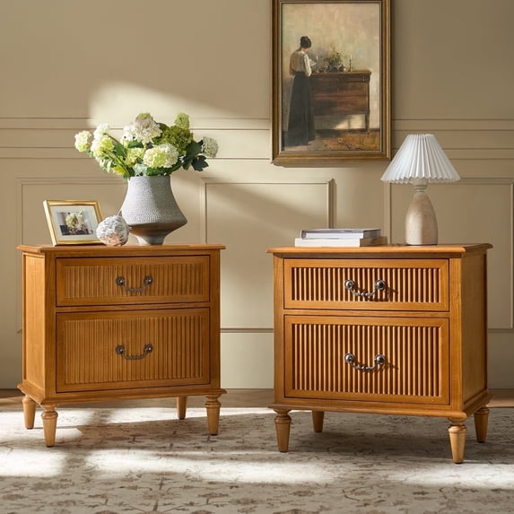 Farmhouse Wooden 2-Drawer End Table Set of 2 with USB Charging Station Storage for Living Room, Sofa, Accent Chair or Recliner Acorn