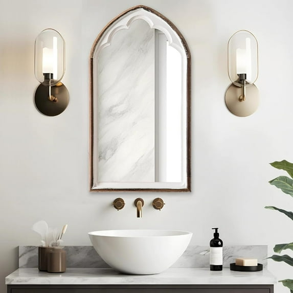 Farmhouse Wooden Arched Mirrors for Wall 13" X 24", Hanging Distressed White Carved Wood Framed Arch Mirror, Rustic Decorative Mirrors for Living Room Entryway Fireplace Bathroom