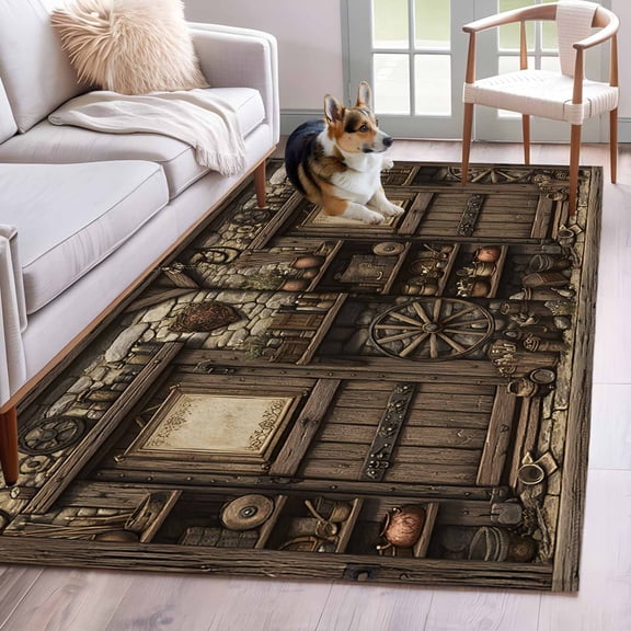 Farmhouse Wooden Area Rug 4'x6', Old Vintage Antique Time Cottage Scene Washable Non-Slip Rugs, Low Pile Large Carpet for Living Room Bedroom Dining Room Kitchen Office Indoor Mat