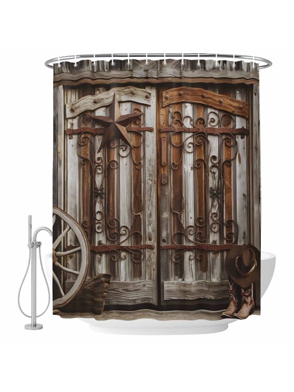 Farmhouse Wooden Barn Door Fabric Shower Curtain Retro Cowboy Boots Washable Shower Curtains for Bathroom, Waterproof Bath Curtain with Hooks Home Decor 36x72in
