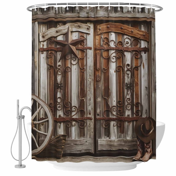 Farmhouse Wooden Barn Door Fabric Shower Curtain Retro Cowboy Boots Washable Shower Curtains for Bathroom, Waterproof Bath Curtain with Hooks Home Decor 72x72in