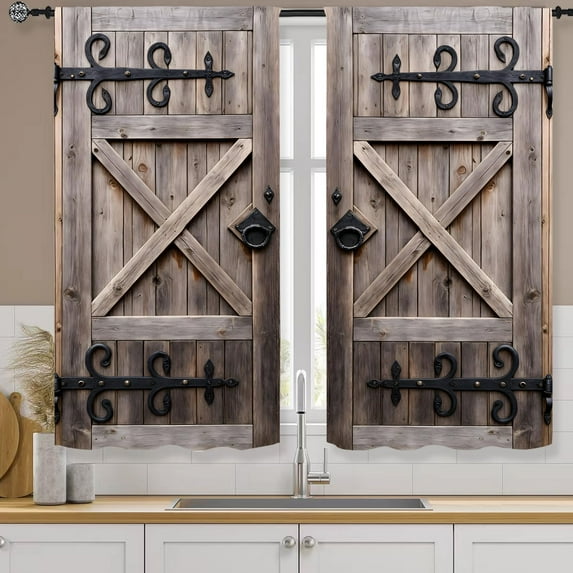 Farmhouse Wooden Barn Door Kitchen Curtain 27.5W X 39L Inch 2 Panels Rod Pocket Brown Vintage Western Rustic Plank Country Small Short Cafe Tier Window Drapes Western Farm Bathroom Home Decor