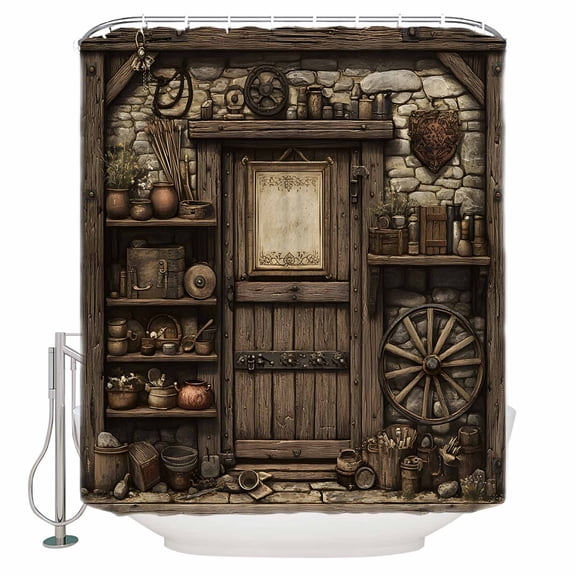 Farmhouse Wooden Bathroom Shower Curtains with 12 Hooks Polyester Waterproof Shower Curtain for Stalls and Bathtubs Old Vintage Antique Time Cottage Scene Decorative Bathroom Curtain 54x78 Inches