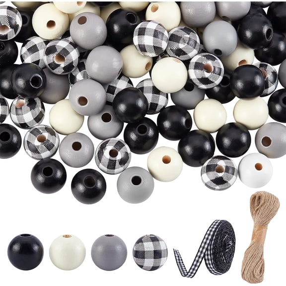 Farmhouse Wooden Beads 180pcs 4 Colors 16mm Handmade Round Wood Bead Plaid Wood Beads Plaid Wood Beads 21 Yards Hemp Rope 10 Yards Polyester Ribbon for Garland Thanksgiving DIY