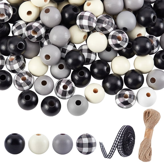 Farmhouse Wooden Beads 180pcs 4 Colors 16mm Handmade Round Wood Bead Plaid Wood Beads Plaid Wood Beads 21 Yards Hemp Rope 10 Yards Polyester