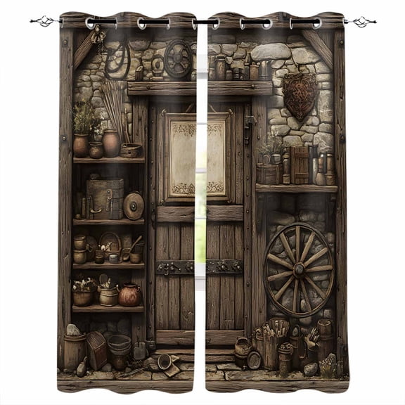Farmhouse Wooden Blackout Curtains for Bedroom Living Room Darkening Curtains 96 Inches Long Old Vintage Antique Time Cottage Scene Window Curtain 2 Panels Set Window Treatment Grommet Drapes 52"x96"