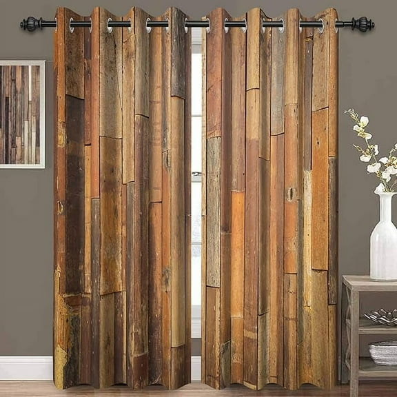 Farmhouse Wooden Blackout Curtains Brown Vintage Rural Lodge Old Wood Planks Bedroom Living Room Curtains Rustic Western Country Style Cabin Grommets Curtain 26"W x 54"L (Pack of 2)