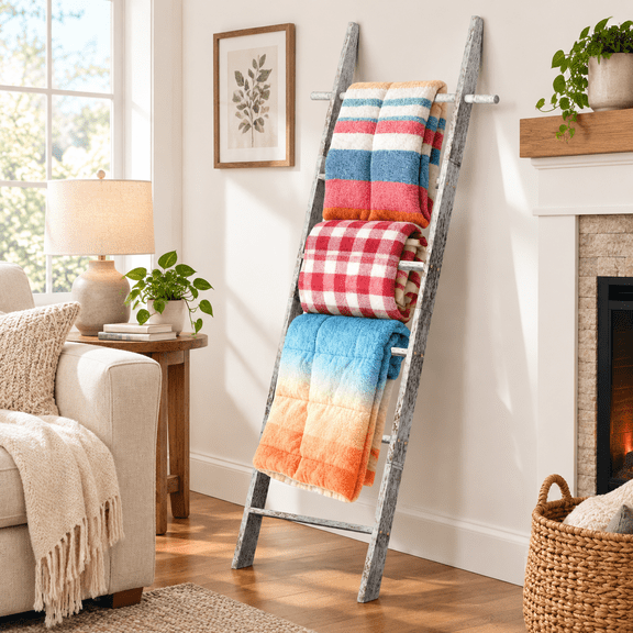 Farmhouse Wooden Blanket Ladder Living Room White 6-tier