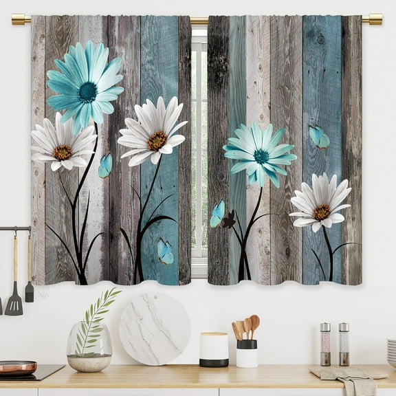 Farmhouse Wooden Blue Teal Daisy Kitchen Curtains Rustic Flower Barn Bathroom Window Treatment Drapes Tier Country Floral Cafe Small Bedroom Short French Door Curtains 27.5x39 Inch