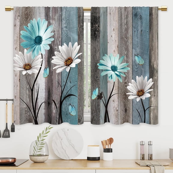 Farmhouse Wooden Blue Teal Daisy Rustic Flower Kitchen Short Small Curtains 26x36 Inch