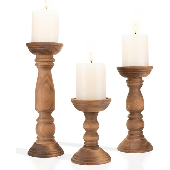 Farmhouse Wooden Candle Holders for Pillar Candles Set of 3, Rustic Wood Candle Holder Table Centerpiece Decor, 12'' 9'' 6'' Vintage Tall Candle Stand Decorative, Brown