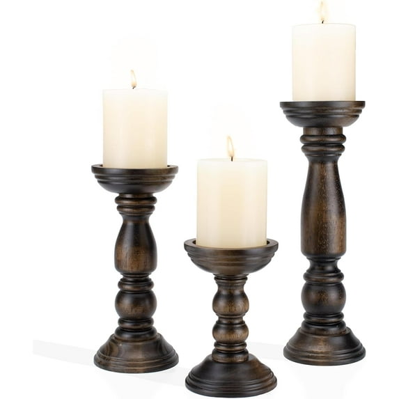 Farmhouse Wooden Candle Holders for Pillar Candles Set of 3, Rustic Wood Candle Holder Table Centerpiece Decor, 12'' 9'' 6'' Vintage Tall Candle Stand Decorative, Dark Brown