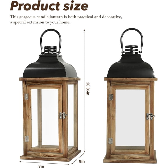Farmhouse Wooden Candle Lantern with Glass Panel, Large 18" Rustic Decorative Lantern Holder, Vintage Wooden Hurricane Lantern for Candles, Indoor Outdoor Farmhouse Decor