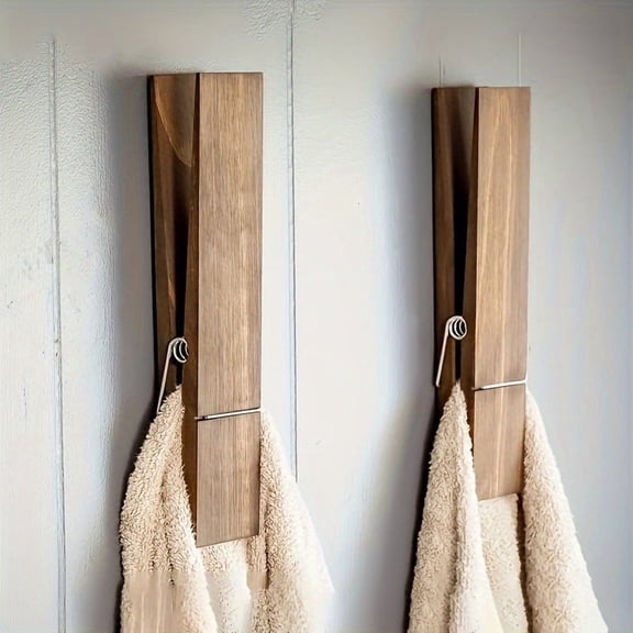 Farmhouse Wooden Clip Wall-Mounted Towel Rack, 2-Pack - Rustic Bathroom & Kitchen Storage, Solid Wood