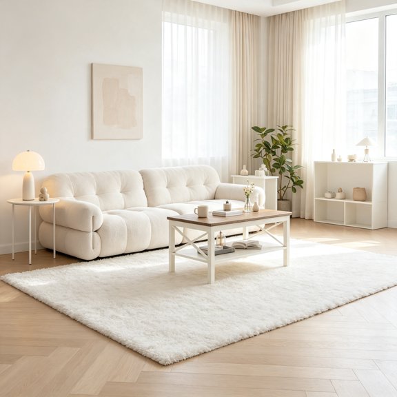 Farmhouse Wooden Coffee Table with Thicker Legs White Coffee Table with Storage for Living Room