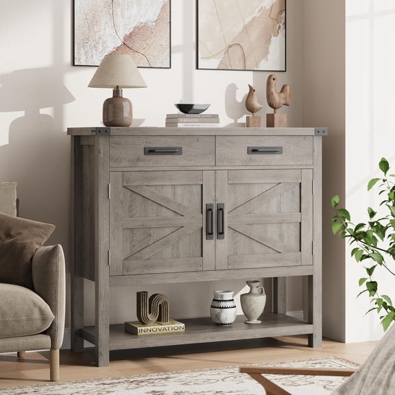 Farmhouse Wooden Console Table with 2 Doors & 2 Drawers – Multi-Functional Entryway Storage Cabinet and Buffet Sideboard for Kitchen, Hallway, Dining & Living Room, Grey