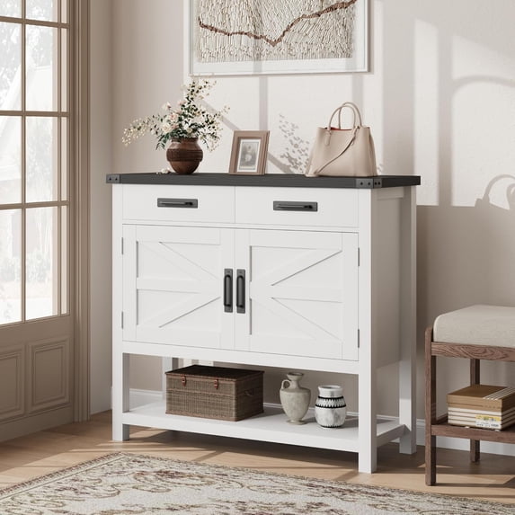 Farmhouse Wooden Console Table with 2 Doors & 2 Drawers – Multi-Functional Entryway Storage Cabinet and Buffet Sideboard for Kitchen, Hallway, Dining & Living Room, White