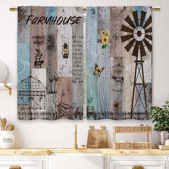 Farmhouse Wooden Country Kitchen Curtains Vintage Barn Door Teal Small Short Cafe Window Curtains Rustic Windmill Rod Pocket Bathroom Drapes Treatment Tier Curtains 2 Panels (27.5x39 Inch)