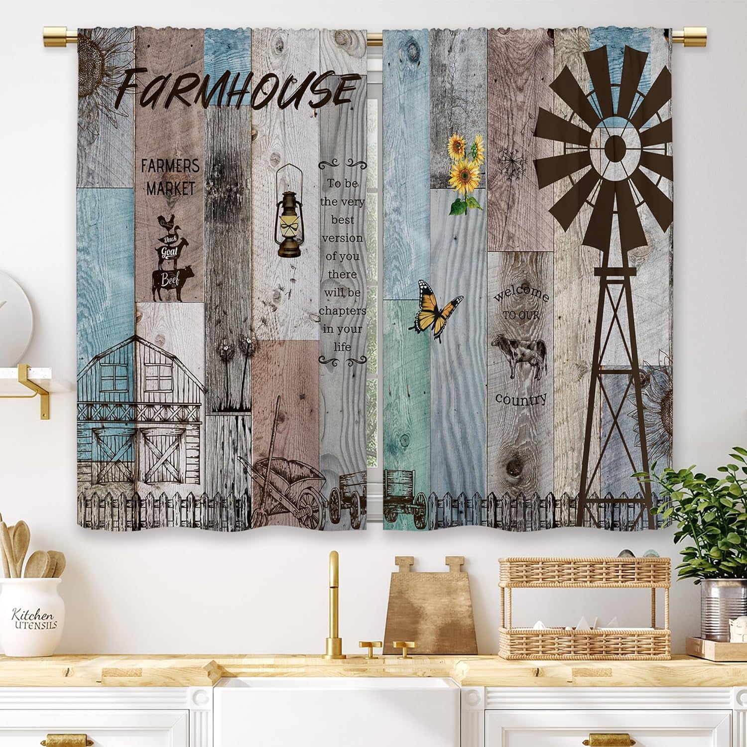 Farmhouse Wooden Country Kitchen Curtains Vintage Barn Door Teal Small ...