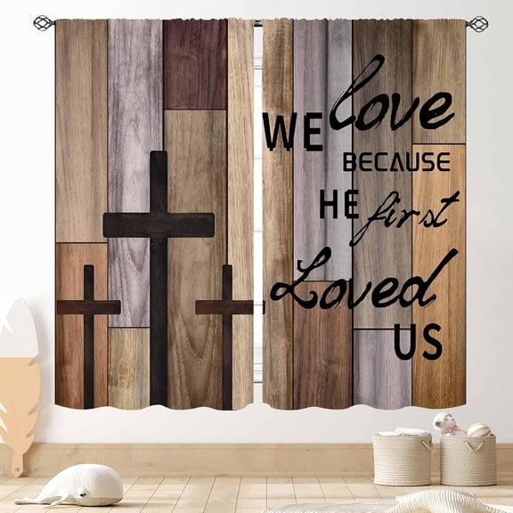 Farmhouse Wooden Curtains, Rustic Brown Wood Board Bible Verse Cross Country Cottage Western Barnwood Garage Old Plank Drapes Window Curtains for Living Room Bedroom Kitchen 2 Panels, 42"x54" Inch