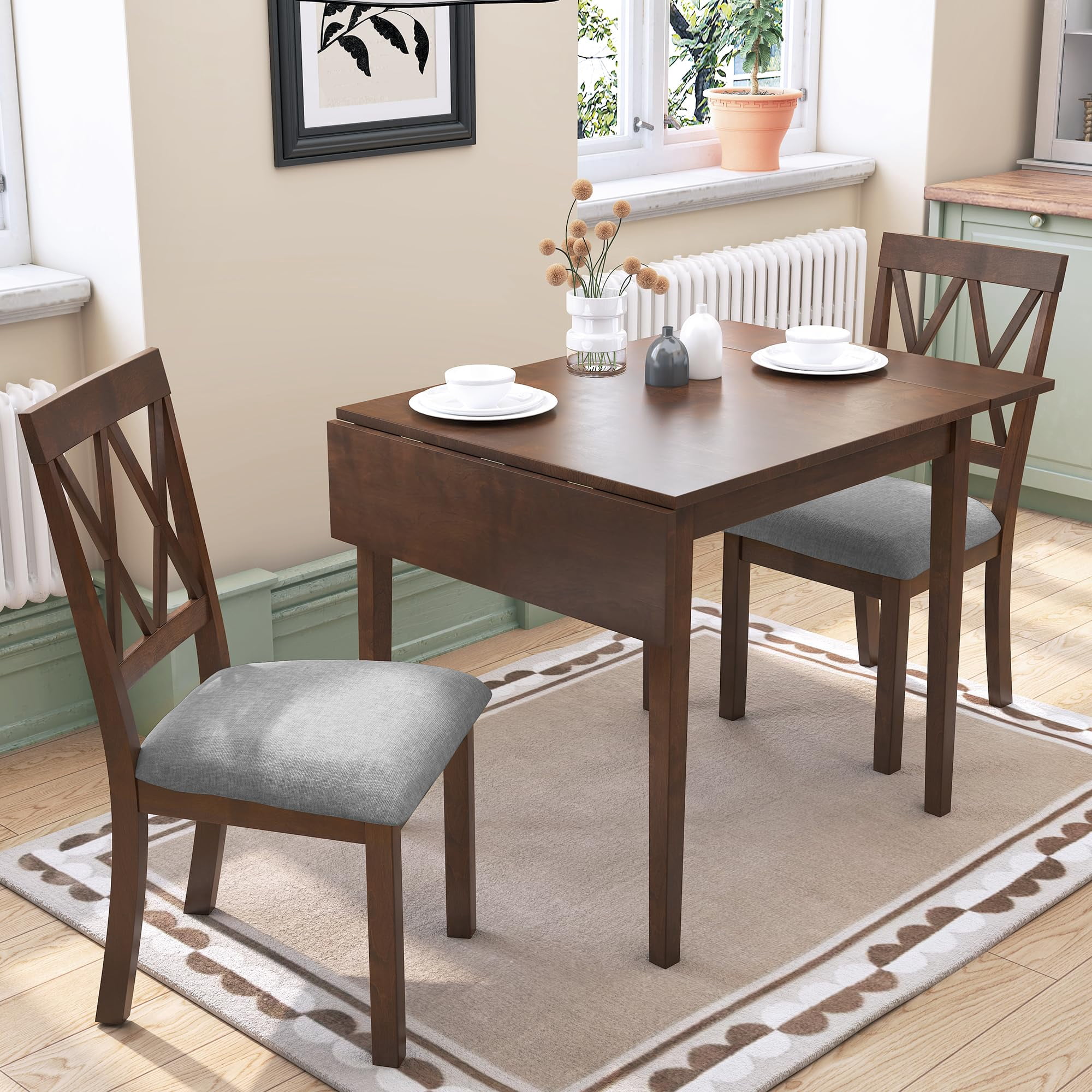 Farmhouse Wooden Dining Set of 3, 45.6 inch Extendable Kitchen Table ...