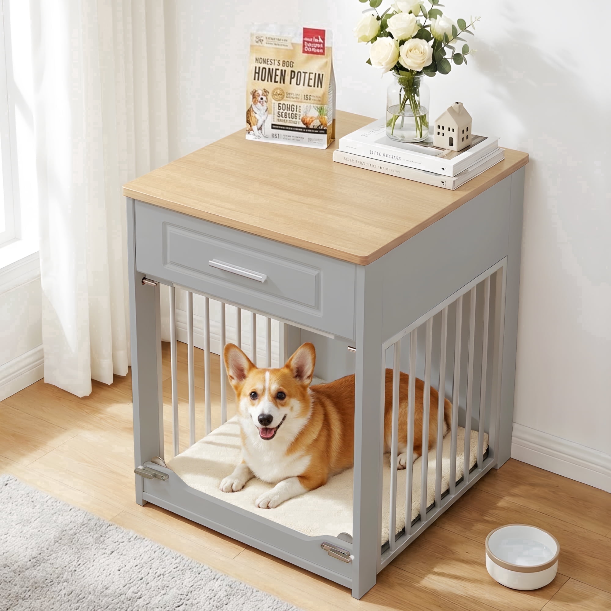 Whifea Farmhouse Wooden Dog Crate Furniture with Flip Up Door & Storage Drawer, 26''H×20''W×24''D, Indoor Pet Kennel for Medium Dogs, Gray